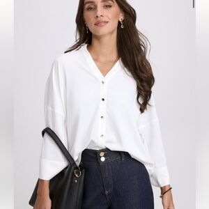 Laura Drop Shoulder Button-Down Blouse Flared 3/4 Sleeves White #100529